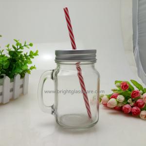 China 16oz Glass Mason Jar With Handle and Metal Lid in Straws on sale