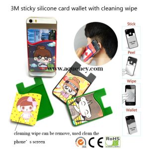 Wholesale 3M Sticker silicone smart wallet, silicone card holder with cleaning wipe from china suppliers
