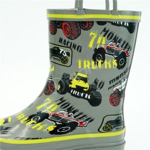 Kids Insulated Rubber Sole 3D Truck Printed Rain Boots With Handle Straps