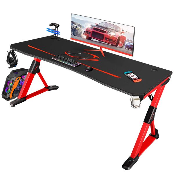 Plastic Surface Z-Shaped Gaming Desk with Handle Rack Cup Holder and Headphone Hook