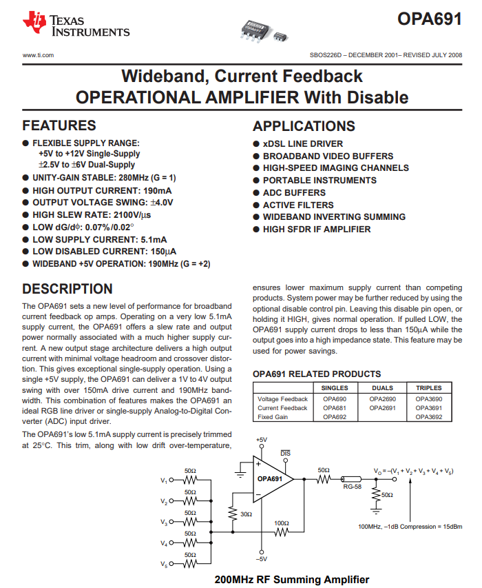 OPA691IDBVR Electronic IC Chips Current Feedback Amplifier 1 Circuit SOT-23-6