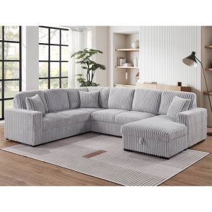 U-Shaped Sectional Sleeper Sofa with Pull Out Bed and Storage Chaise Lounge and USB Charging Port, Gray Corduroy Fabric