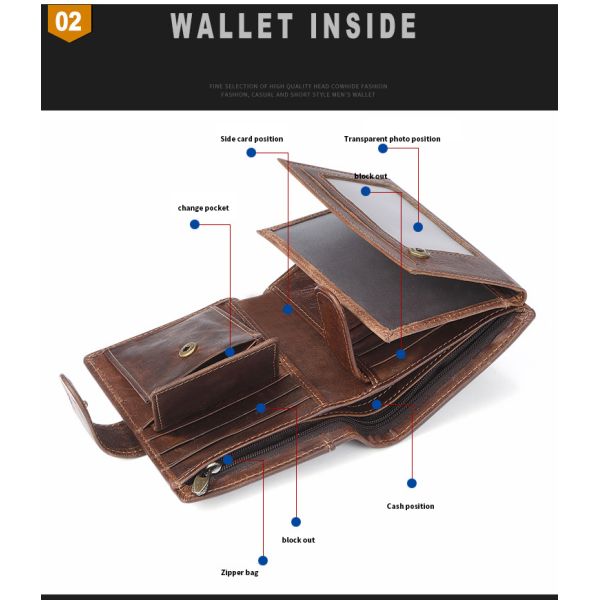 Men's Casual Short Billfold Wallet with Cowhide Leather and Polyester Lining