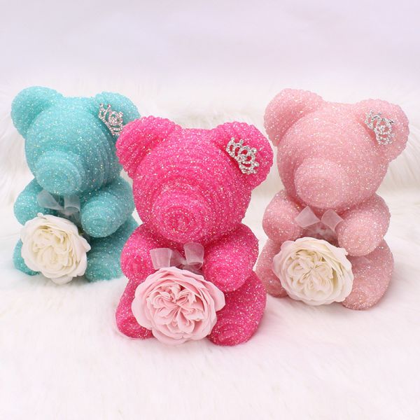 New Style 25cm Roses Bear Diamond Bear Decorated With Crown Include Gift Boxes
