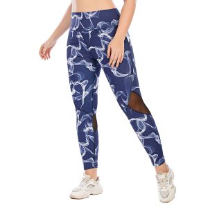 Breathable Exercise Patterned Workout Pants Polyester Spandex Mesh Stitching