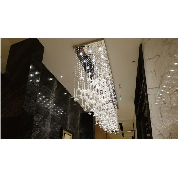 Custom Hotel Lobby Chandelier Petal Pendant Rectangular Crystal String Creative