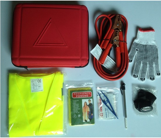 19 pcs auto emergency kit ,with tyre pressure gauge,jumper cable ,headlamp