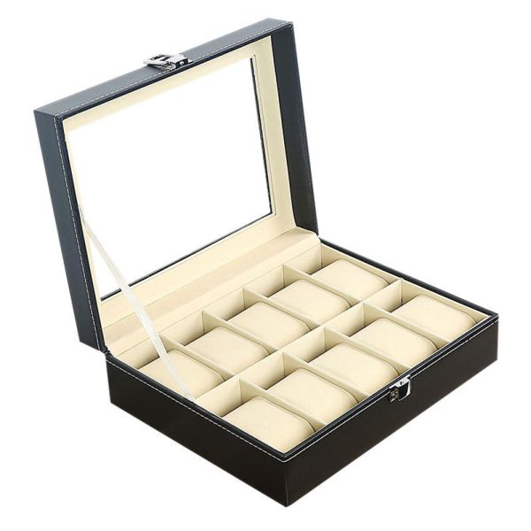 Black 10 Slot Watch Storage Box Luxury PU Organizer Display Case 0.8kg