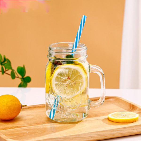 Custom Design Logo embossed colored juice drink glass mason jar with handle and lid