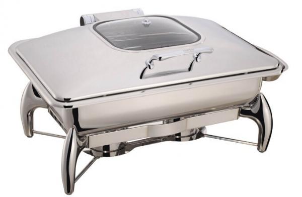 Quality Buffet Stainless Steel Cookwares Mechanical Hinge Induction Chafing Dish Full Size Food Pan 9.0Ltr Glass Window Lid for sale