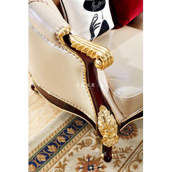 Royal Style Cream Color 6 Seater With Luxury Carving Leather Sofa Set