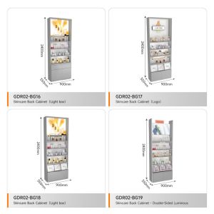 Makeup Shop Design Grey Oiled Wooden Board Skincare Back Cabinet With Light Box