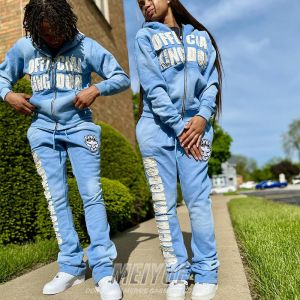 ODM Distressed Tracksuit Full Face Zip Up Sweatshirt And Joggers Set Puff