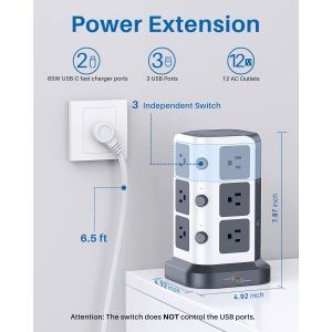 USB C Desktop Charging Tower Surge Protector OEM With 12 Widely Spaced AC
