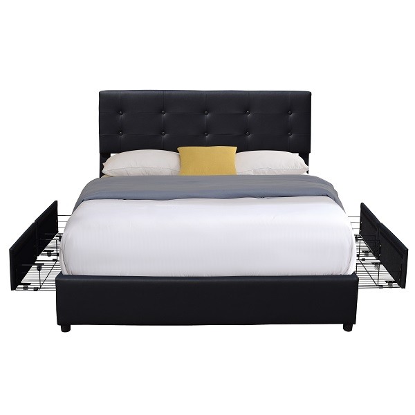 Queen Upholstered Platform Bed Frame Black Faux Leather Metal Four Drawer With LED Light