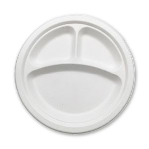 Disposable Bagasse 10 Inch Sugarcane Compostable Plates 3 Compartment Plates