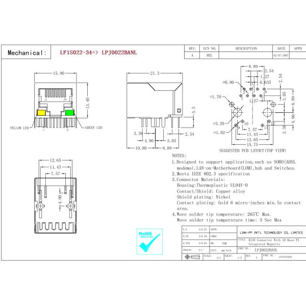 LF1S022-34 Magnetic RJ45 Jack With 10Base-T Filter LPJ0022BANL Network Adapter