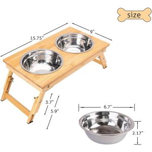 Single Tier Sustainable Bamboo Foldable Pet Feeder Non-Slip Two Bowls for