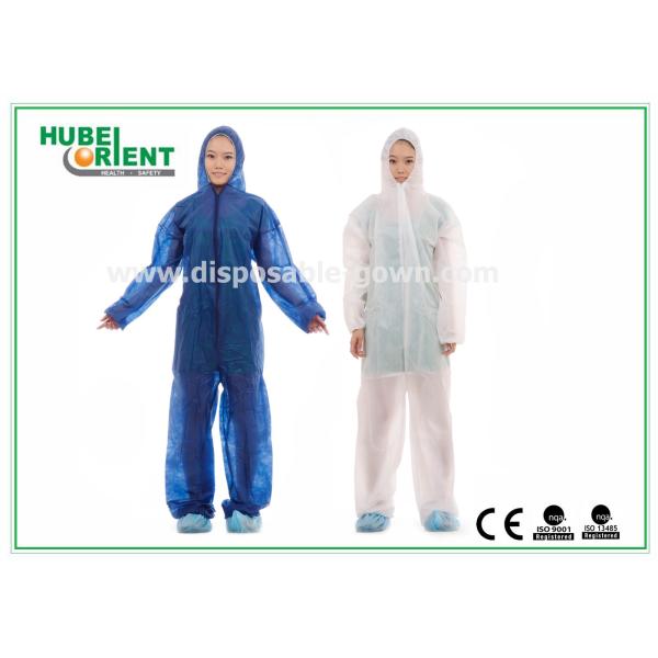 Quality Nonwoven White Disposable Overalls PP / SMS / PP + PE Protective Coverall With Hood for sale