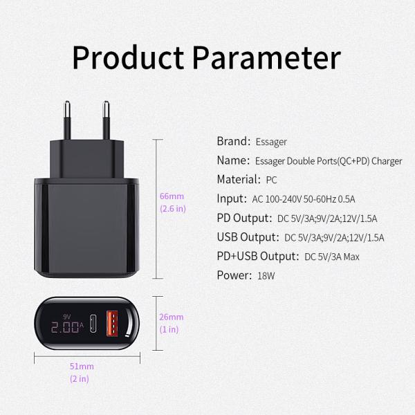 Essager 2021 Shining LED Display 3A Fast Charger USB Type Charger Cable USB PD QC3.0 Mobile Phone Charger