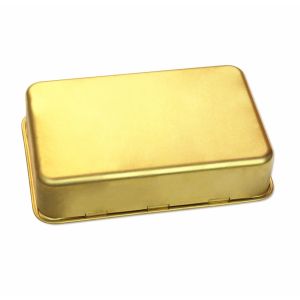 Promotional food storage tins gold color candy with hinged lid and embossed logo