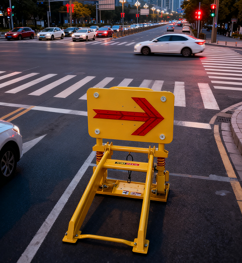 Anti-collision buffer vehicle security barrier deployed at construction site