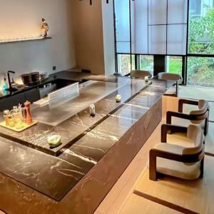 Custom Multifunction 7 Seats Teppanyaki Grill Table with 16mm Thick Cold-Rolled