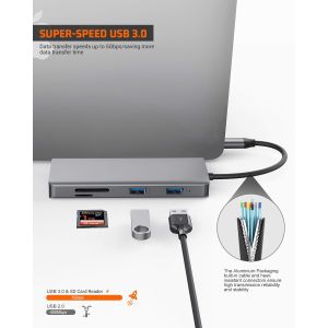 Usb C Rj45 Adapter 12 In 1 Usb C Hub Type-C To PD HDMI USB3.0 USB2.0 USB-C SD TF