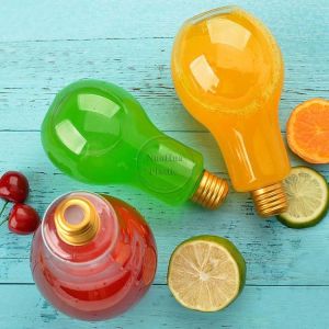 500ml Plastic Lamp Bulb Shaped Juice Bottle With Aluminum Cap Lamp Bulb Shape Plastic Beverage Bottle