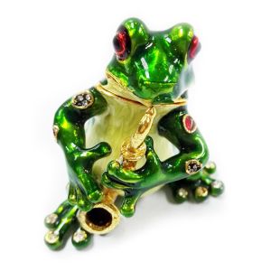 Violin Frog Trinket Box Music Jeweled Box Pewter Frog Jewelry Box Green Frog