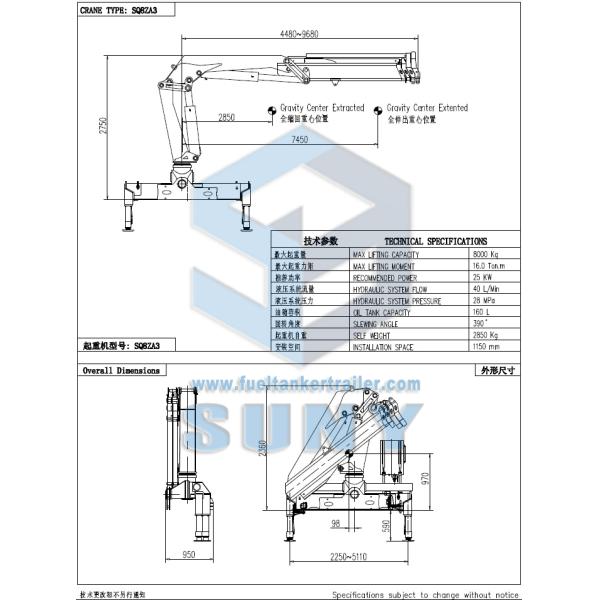 8 Ton Folding Arm SQ8ZA3 Knuckle Boom Crane Mounted Crane Truck