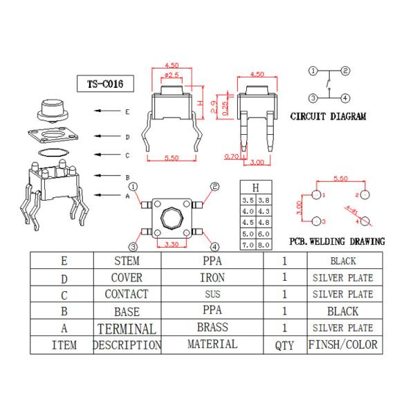 Through Hole Terminal Silent Tactile Switch / SMD Momentary Switch DIP Terminal