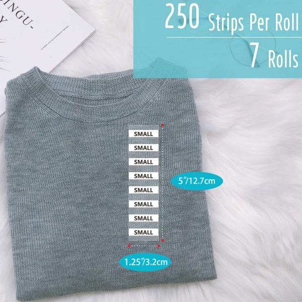Transparent clothing size strip label tear resistant 250 strips per roll, 3.18 cm X 12.70 cm