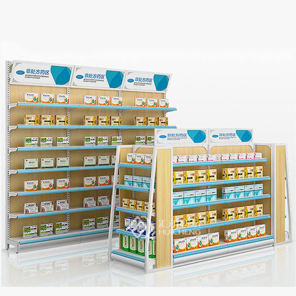 Drugstore L2000mm H1200mm Metal And Wood Shelf Unit Double Sided