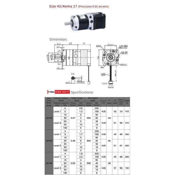 Umot 42mm Nema 17 Precision Planetary Gearbox with Hybrid Stepper Motor and Gear Reducer