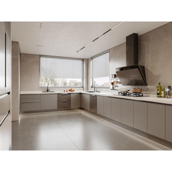 Titanium Grey Color Luxe U-Shaped Kitchen With No Wall Cabinet Design