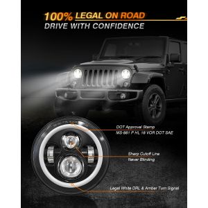 7 Inch LED Headlights with Turn Signal Amber White DRL and Black Halo Performanc