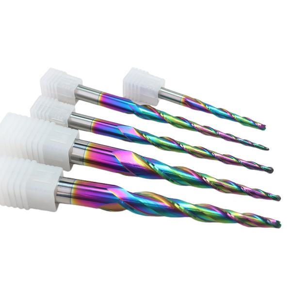 New Model Multicolor Coating 2 Flutes Taper Ball Nose DLC HRC55 Solid Carbide End Mills for Wood Carving Tooling Cutter Used