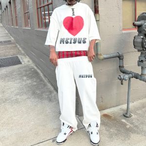 Oem Crop Screen Print T Shirt Drop Shoulder Boxy Tee Double Waist Baggy Sweat