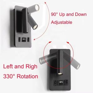 Dual Switch Usb LED Wall Lamp Hotel Bedside Embedded Black 3w 110-240v 3000k