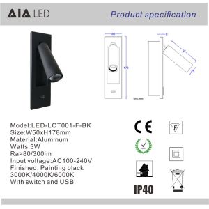 IP20 bedside wall light usb LED reading wall lamp/indoor led headboard bed wall