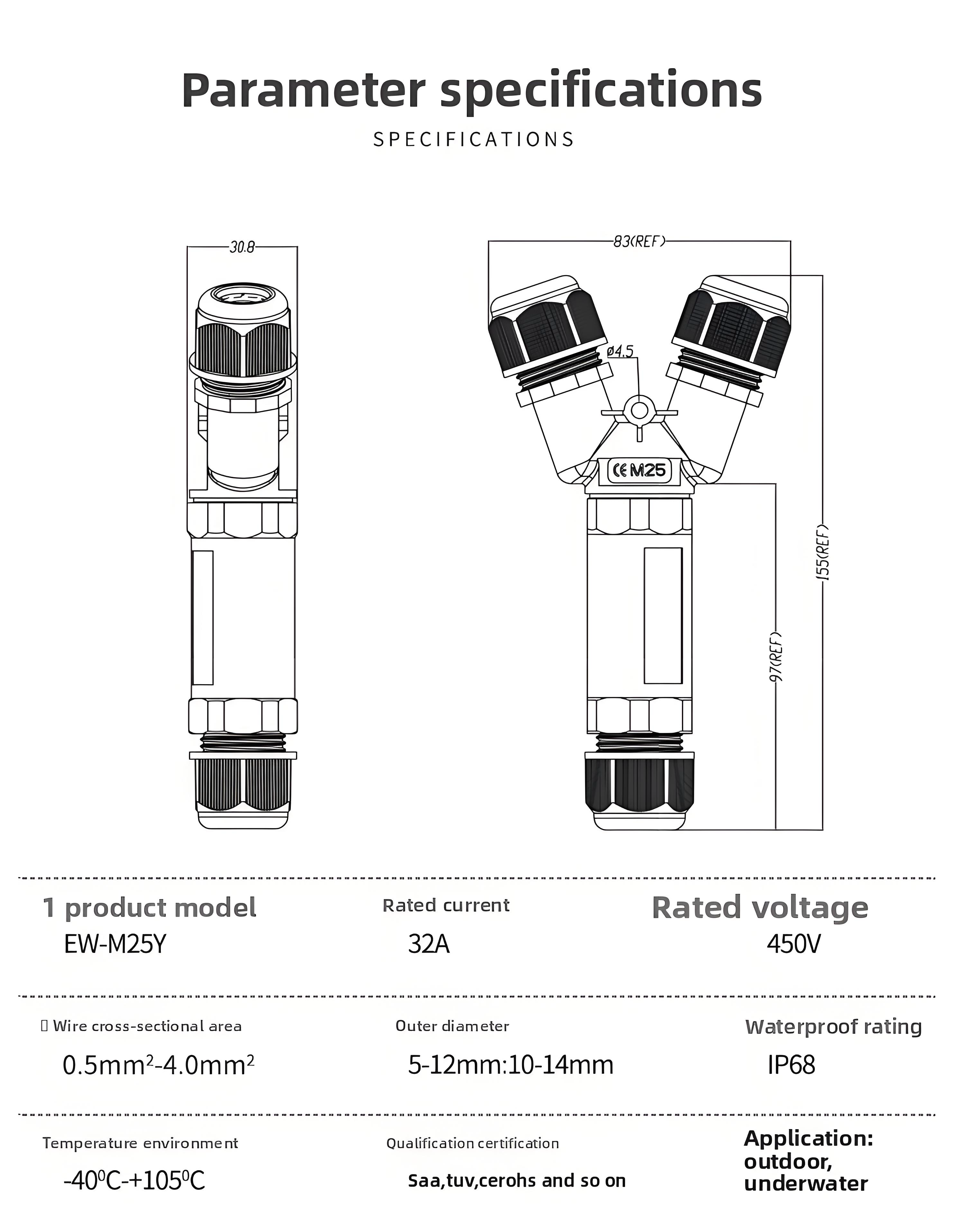 M25T Port 2Pin Waterproof Connector 1 in 2 out Feed Through Splitter