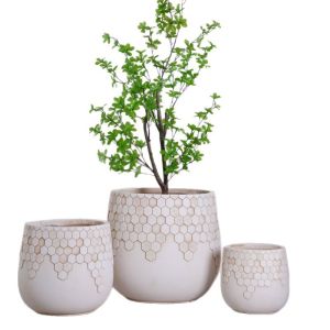 Lightweight Durable White Round Fiber Clay Planter Sweet Honeycomb Pattern