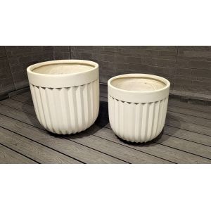 White Delux Vertical Fluted Design Round Egg Shape Fiber Clay Planter Garden