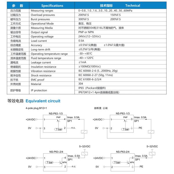 NS-P63 Series Construction Machinery Pressure Sensor Adjustable Low Pressure Switch