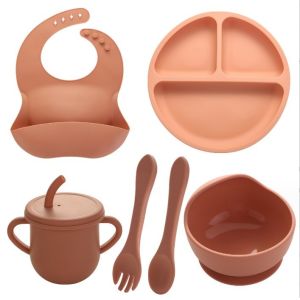 None Design Style Silicone Feeding Set Full Dinner Plate Bowl Cup Spoon Fork