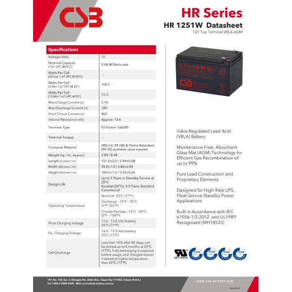 HR1251W 12V CSB Battery 51W 12V 12Ah Rechargeable Maintenance-Free Lead Acid Battery