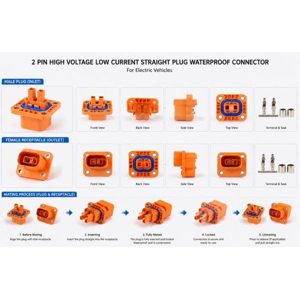 2 Pin HV Small Current Connector EV Waterproof Straight Plug