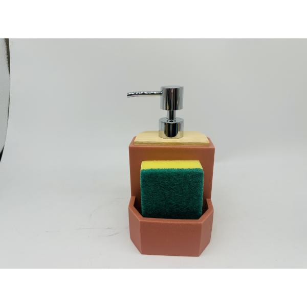 2N1 Sand stone soap dispenser faux wood top ABS pump head sponge on front pocket soap pump utensil caddy kitchen