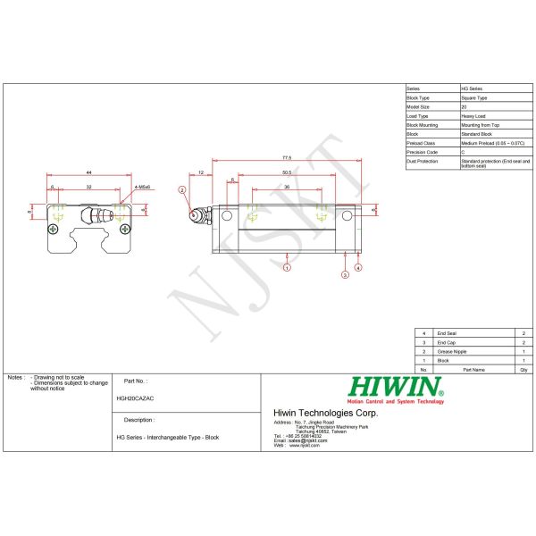 HIWIN HGH20CA Linear Guideway Block Cnc Kit 20mm Heavy Duty Slide